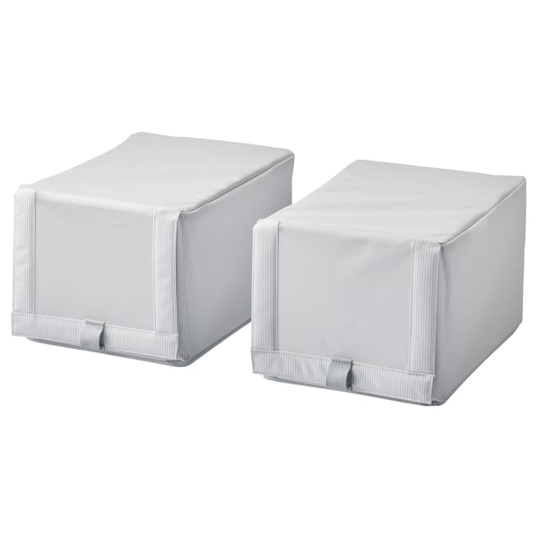 Two white fabric-covered shoe boxes with transparent windows, designed for stacking and organising.