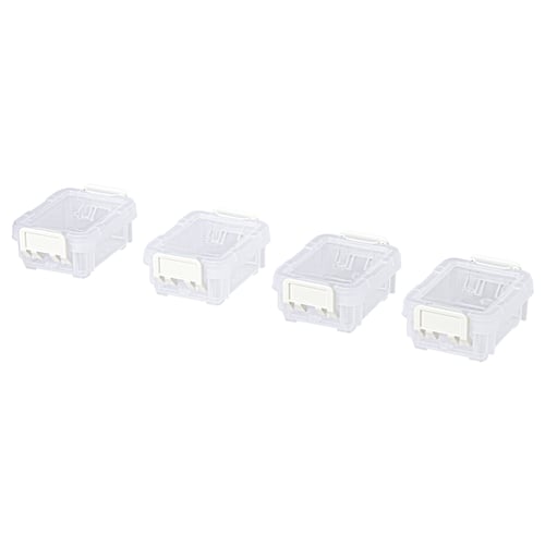 Four clear, stackable plastic boxes with snap-on lids, designed for organising small items.