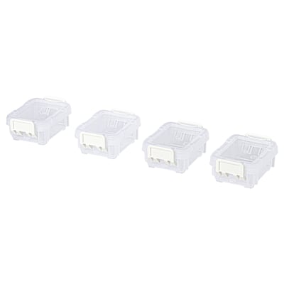 Four clear, stackable plastic boxes with snap-on lids, designed for organising small items.