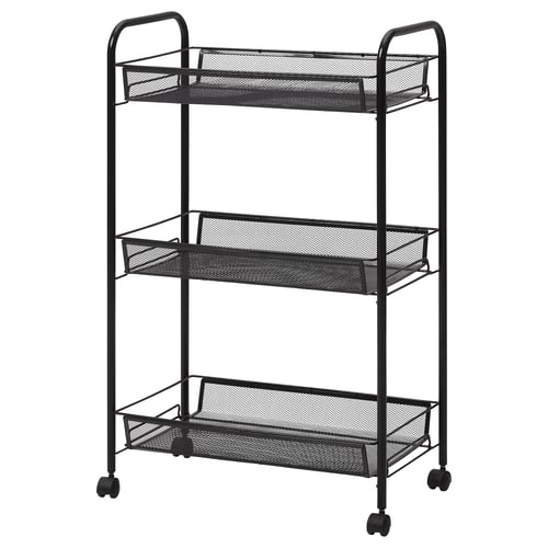 A black HORNAVAN bathroom storage trolley, featuring three mesh shelves with wheels for easy mobility.