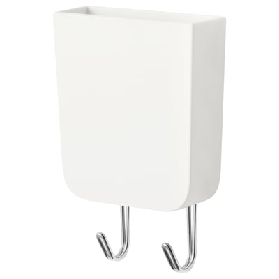 Small white magnetic organiser with hooks and compartment, ideal for kitchen, desk, or hallway.