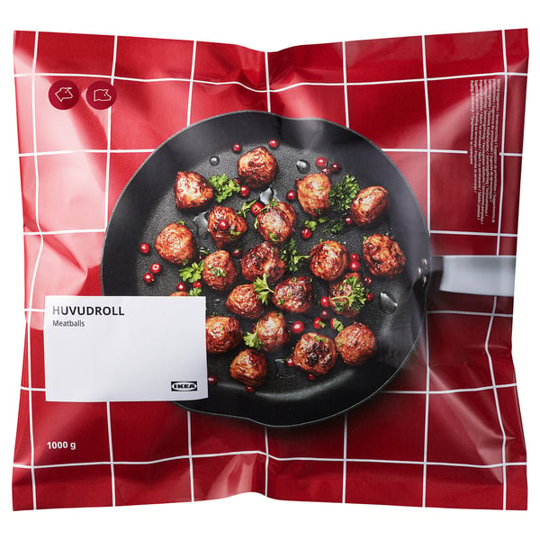 IKEA HUVUDROLL meatballs packaging. Cooked meatballs in a pan with garnish. Popular swedish frozen food item.
