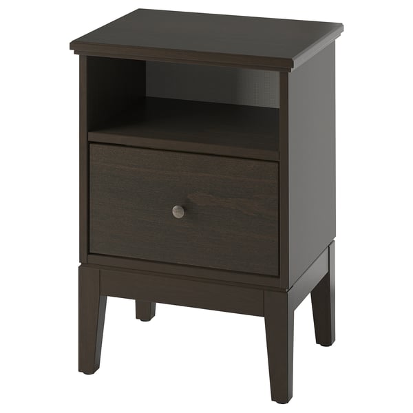Dark brown IDANÄS bedside table with shelf and drawer, sleek modern design.