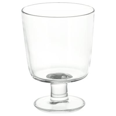 IKEA 365+ clear glass tumbler; wide shape, stemmed base; tempered glass.