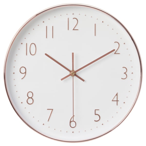 Round white clock with copper numbers and hands, silent quartz movement.