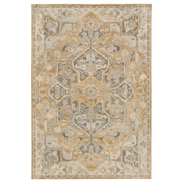 Beige & grey JÄRNVÄG rug with traditional patterns, durable & easy to clean.