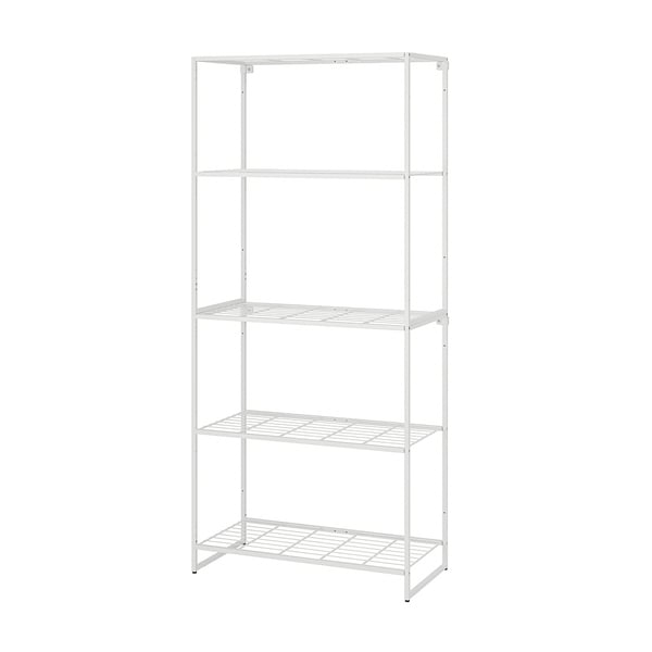 White metal shelving, 4 tiers, indoor/outdoor use, moisture-resistant.