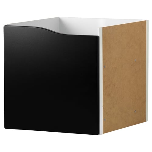 A KALLAX cube insert with blackboard door, made of fibreboard and acrylic paint, designed for organising and writing messages.