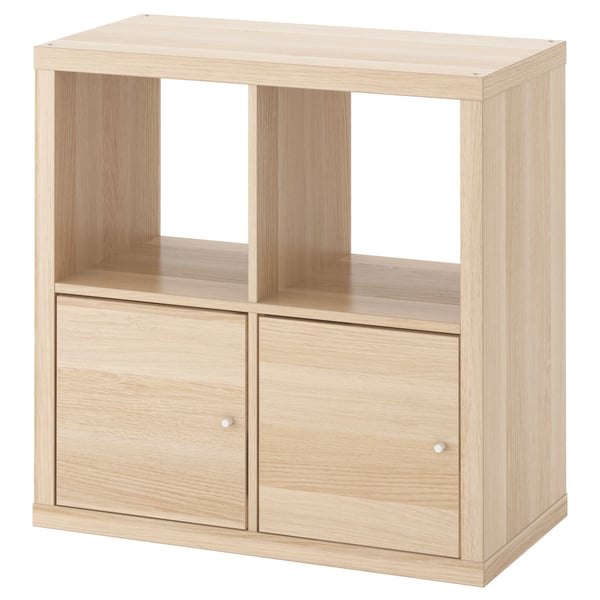 KALLAX light wood storage unit with 2 closed cabinets and 2 open shelves.