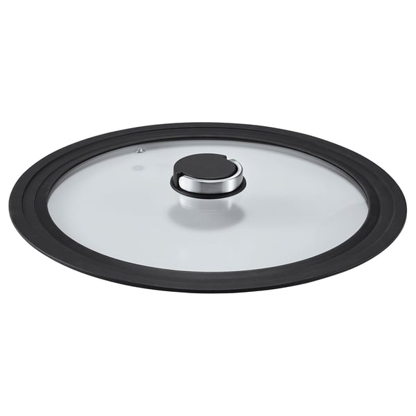 A black KLOCKREN lid with a glass centre, featuring a foldable handle and a steam vent.