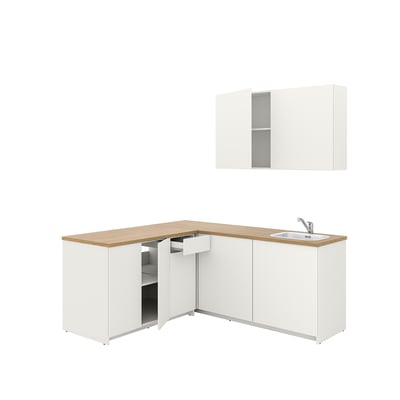 White modern corner kitchen set with light wood countertop, sink, and cabinets.