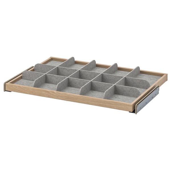 KOMPLEMENT pull-out tray, light wooden frame, grey divider, felt lining, 10 compartments.