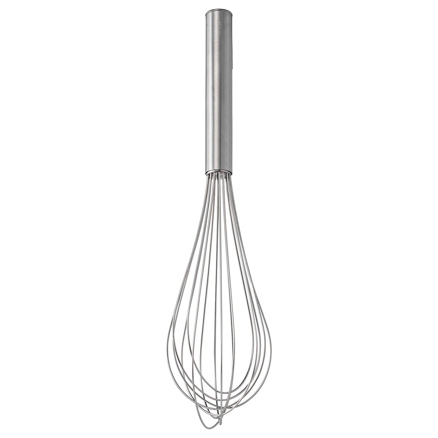 KONCIS silver whisk, stainless steel, easy grip handle, rounded wire shape.