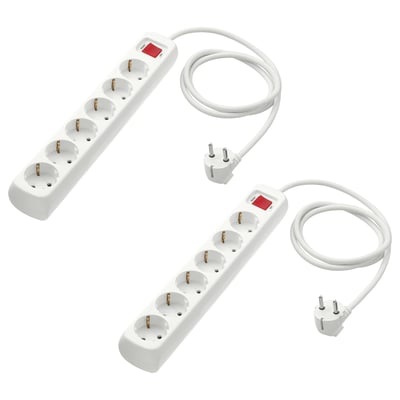 Two white KOPPLA power strips, each with six sockets and a power switch, laid out on a white background.