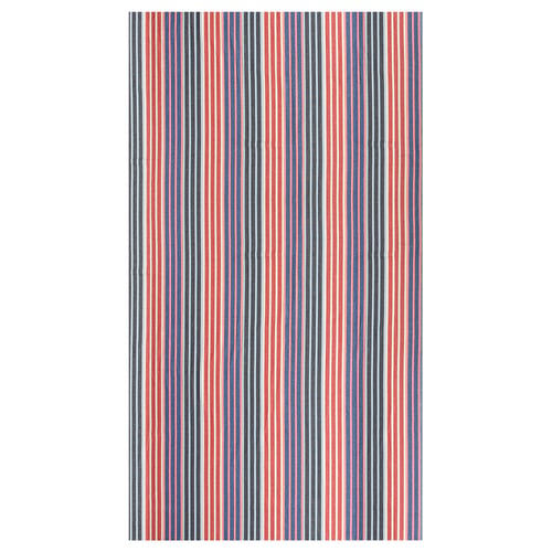 Vertical red, blue, white striped cotton fabric, rectangular.