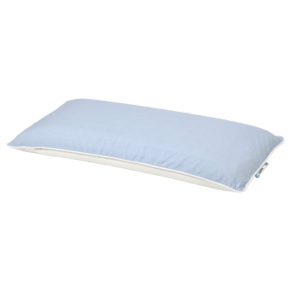 A KVARNVEN ergonomic pillow in light blue. Its rectangular with a smooth top, memory foam for comfort, and a honeycomb pattern to keep cool.