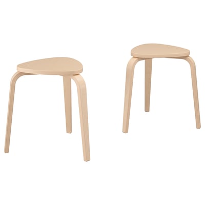 Two light beige, curved-leg stools with wooden seats.