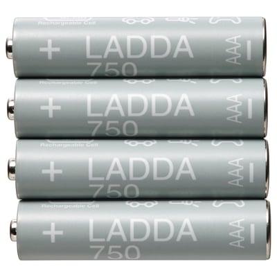 Four grey LADDA rechargeable batteries with white text, stacked vertically.