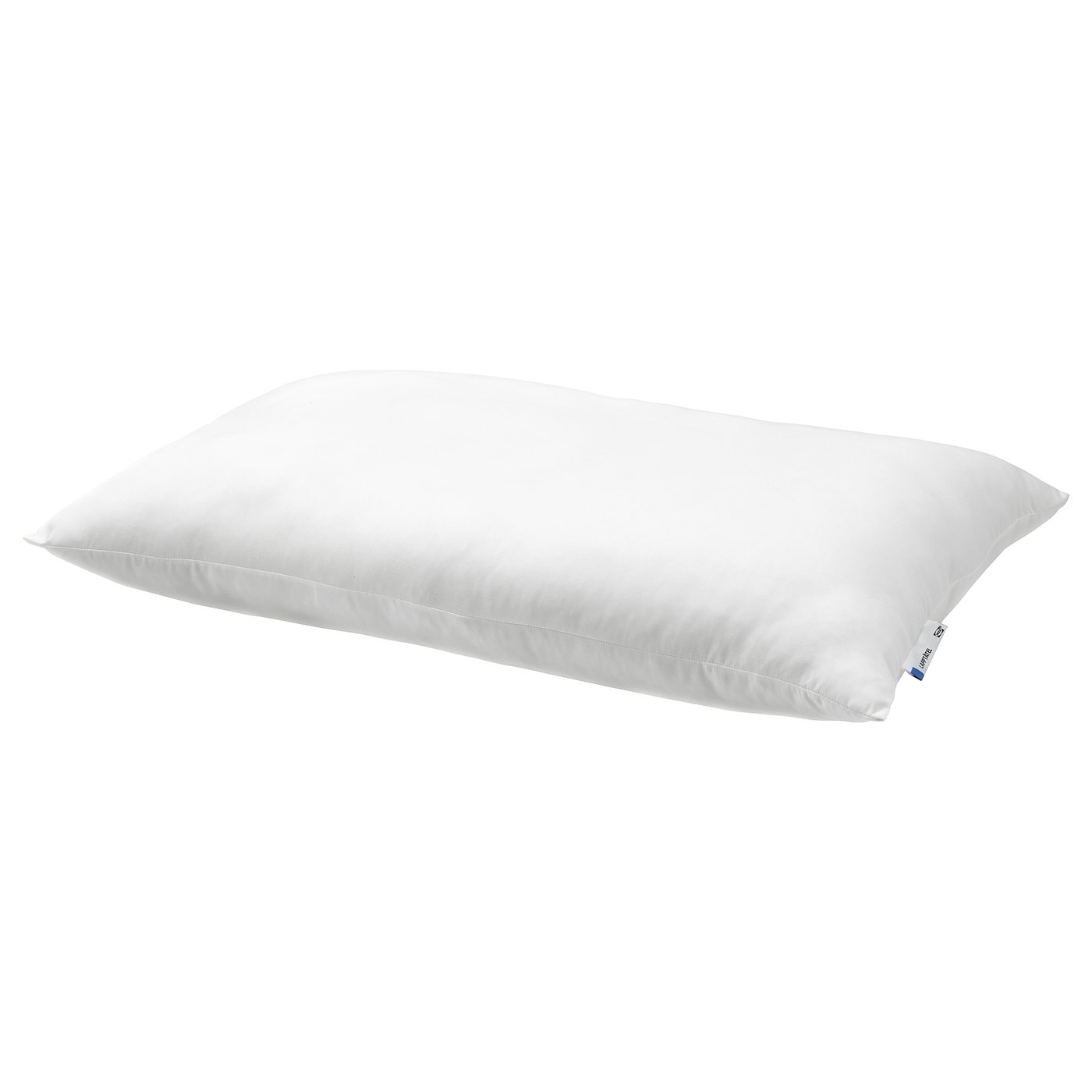A white LAPPTÅTEL pillow with a soft microfibre cover and recycled polyester filling. Its rectangular and appears fluffy.