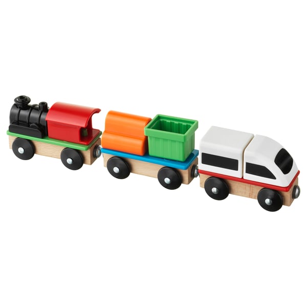 A colourful wooden toy train set; includes engine, cargo, and passenger car; vibrant red, orange, green, and white.