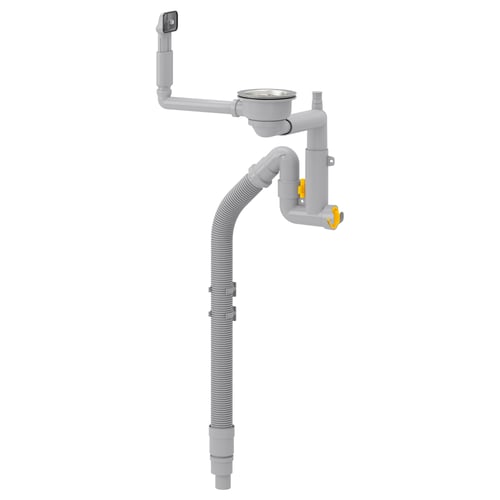 LILLVIKEN, grey plastic drain system, with flexible hose and cleaning plug, mounted on wall.