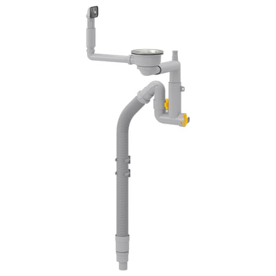 LILLVIKEN, grey plastic drain system, with flexible hose and cleaning plug, mounted on wall.