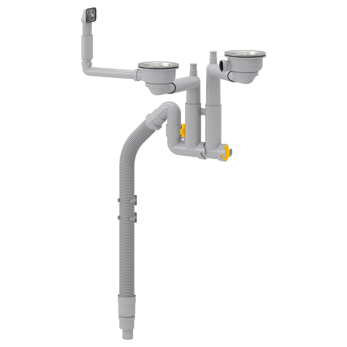 Depicts a LILLVIKEN kitchen drain system in grey, made of polypropylene plastic with stainless steel components and flexible hoses.