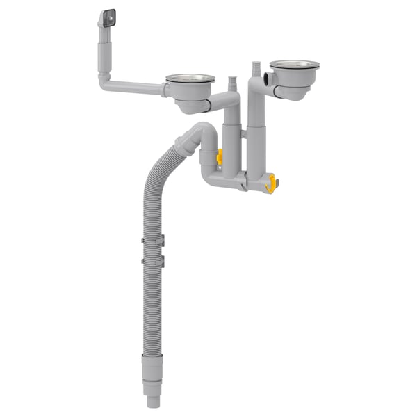 Depicts a LILLVIKEN kitchen drain system in grey, made of polypropylene plastic with stainless steel components and flexible hoses.