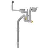 Depicts a LILLVIKEN kitchen drain system in grey, made of polypropylene plastic with stainless steel components and flexible hoses.
