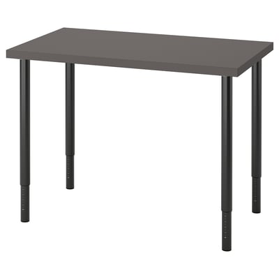 The LINNMON table has a square grey top and black adjustable legs.