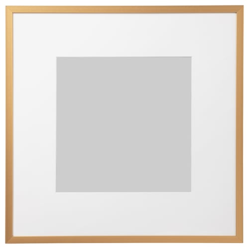 Square gold picture frame with white border and grey display mat.