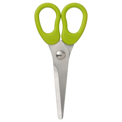 A pair of MÅLA scissors, bright green, child-safe, stainless steel blades, ergonomic handles.