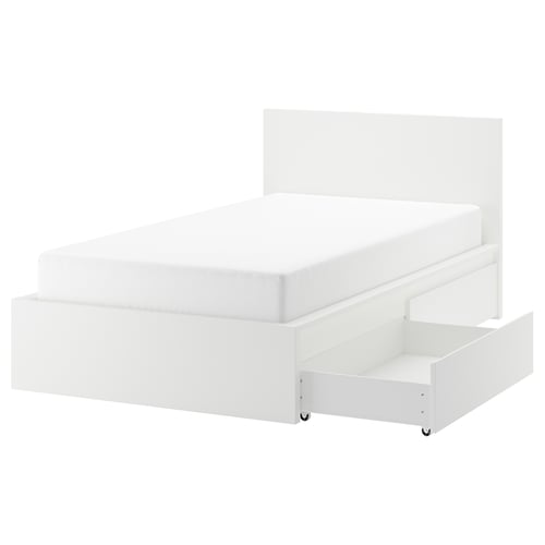 Displays a white MALM bed frame by ikea with a high headboard and two large storage drawers on the base.