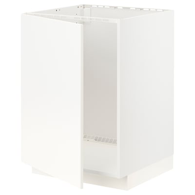 White METOD kitchen cabinet with square design, made of fibreboard and particleboard, featuring snap-on hinges.