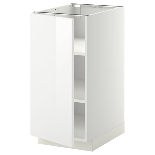 A white METOD kitchen cabinet with a glossy finish and adjustable shelves.