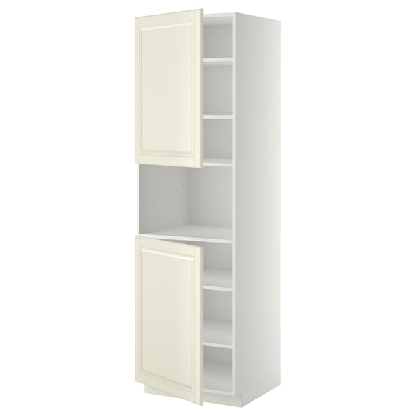 Displays a white METOD kitchen cabinet with off-white bodbyn doors, featuring a traditional design with adjustable shelves and bevelled edges.