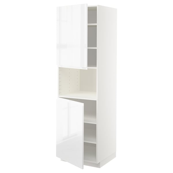 Displays a white high cabinet from IKEAs METOD kitchen system, featuring a high-gloss finish and integrated handles.