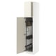 A white METOD tall kitchen cabinet with off-white bodbyn doors. The cabinet is open, displaying pull-out organisers inside.