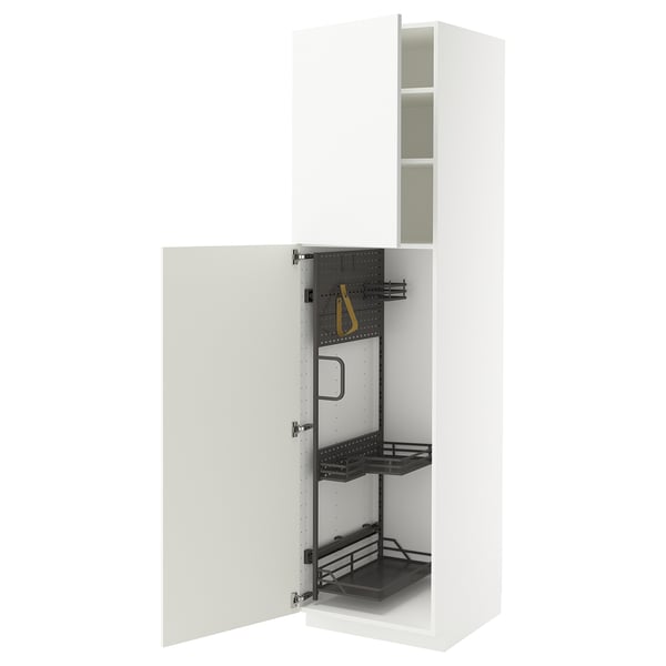 White vertical cabinet, part of IKEAs METOD kitchen system, high gloss finish and pull-out organisers.