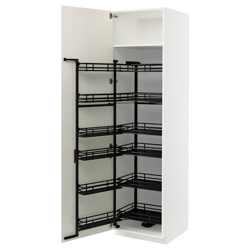 A white METOD kitchen cabinet with pull-out shelves. It multiple black metal shelves for storage.