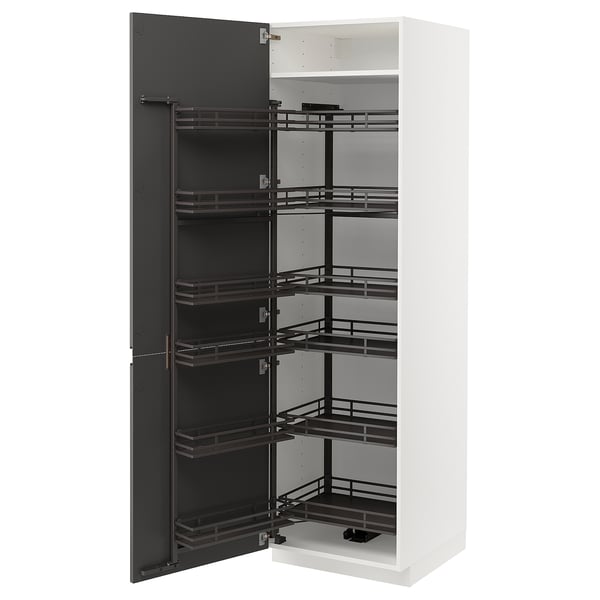 White METOD kitchen cabinet, dark grey pull-out shelves, modern design.