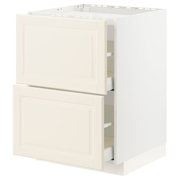Off-white kitchen cabinet with two open drawers, traditional design, smooth surfaces.