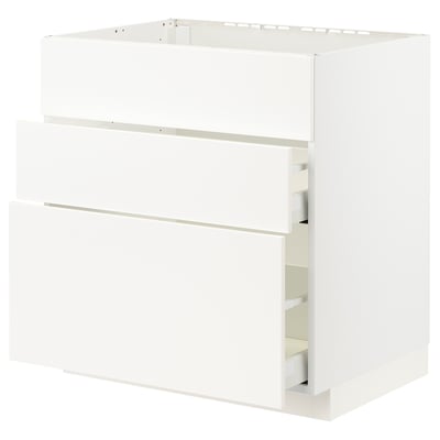 White METOD kitchen unit with veddinge fronts, 3 smooth drawers.