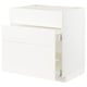 White METOD kitchen cabinet set, modern design with smooth surfaces and drawers.