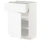 This image an open white ikea METOD kitchen cabinet with a classic, wooden finish. It shows shelves and a drawer with smooth-running mechanisms.