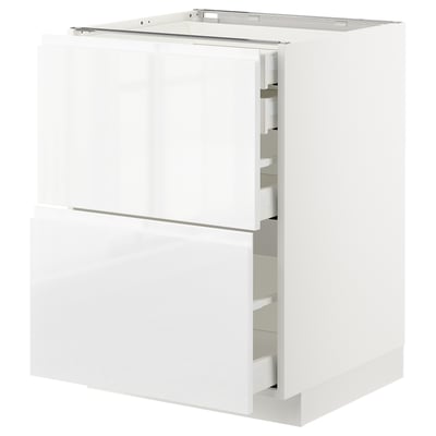 White METOD kitchen unit with glossy finish and integrated handles.