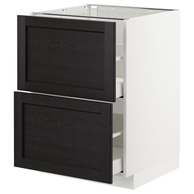 A METOD kitchen cabinet with two black stained wooden drawers and a white base.
