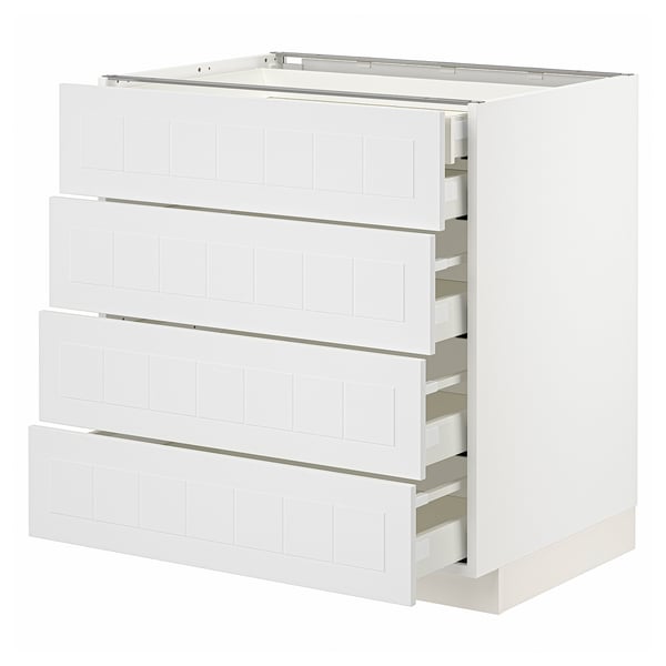 METOD kitchen unit in white with multiple drawers.