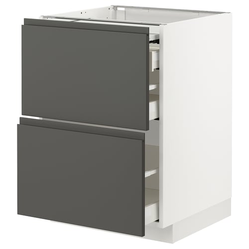 Modern kitchen cabinet with 2 dark grey drawers, sleek handles, and white frame.