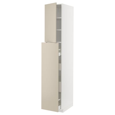 A METOD kitchen cabinet with beige havstorp doors. Its a tall, rectangular unit with two open compartments and smooth, clean lines.